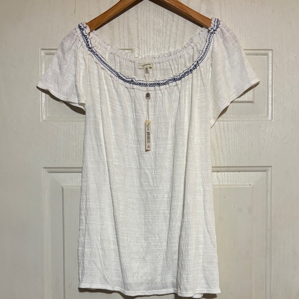 Max Studio White Blouse with Blue Accents